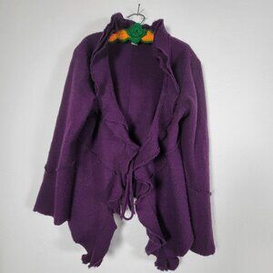Marisa Christina Womens Purple Wool Ruffled Cardigan Sweater Large Tie-Front